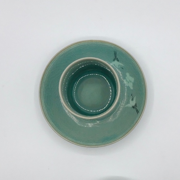 VINTAGE Celedon Tea Set Cup and Sugar Bowl Asian Flying Crane Crackle Glaze Blue - Picture 8 of 11